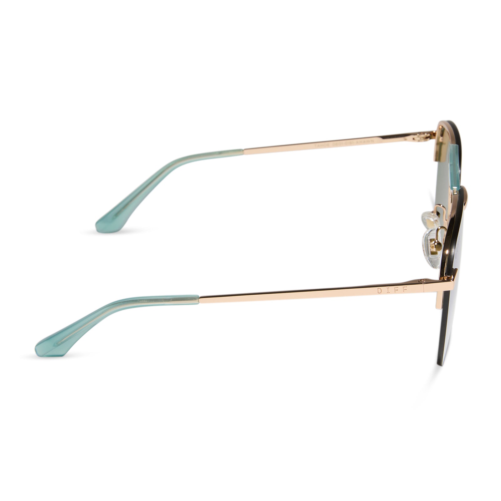 diff eyewear wholesale tahoe aviator sunglasses with a gold frame and aquatic awe teal lenses side view