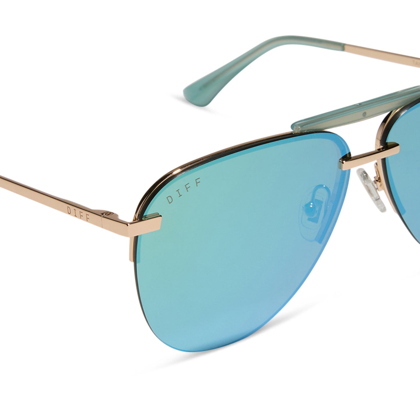 diff eyewear wholesale tahoe aviator sunglasses with a gold frame and aquatic awe teal lenses detailed view