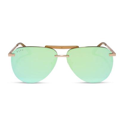 diff eyewear tahoe oversized aviator sunglasses with a gold metal frame and dew drop blue mirror polarized front view