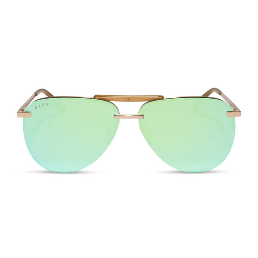 diff eyewear tahoe oversized aviator sunglasses with a gold metal frame and dew drop blue mirror polarized front view