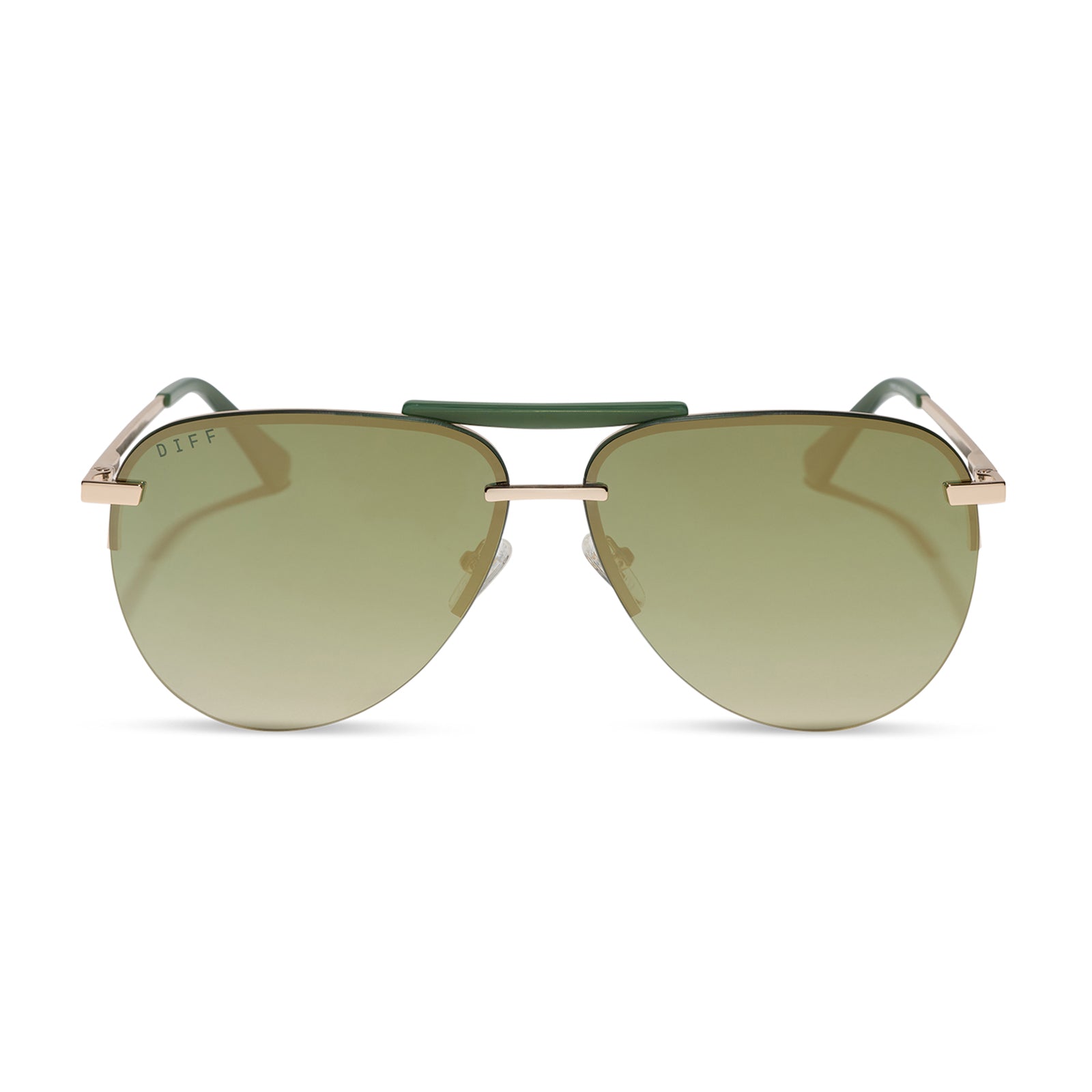 diff eyewear featuring the tahoe aviator sunglasses with a gold metal and green accent frame with a aloe green gradient and light gold flash polarized sunglasses front view