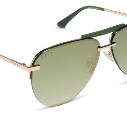diff eyewear featuring the tahoe aviator sunglasses with a gold metal and green accent frame with a aloe green gradient and light gold flash polarized sunglasses detailed view