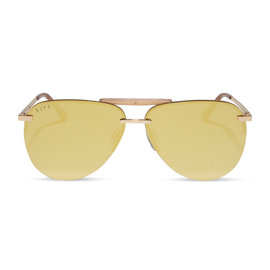 diff eyewear tahoe aviator oversized sunglasses with a gold metal frame and brilliant gold mirror lenses front view