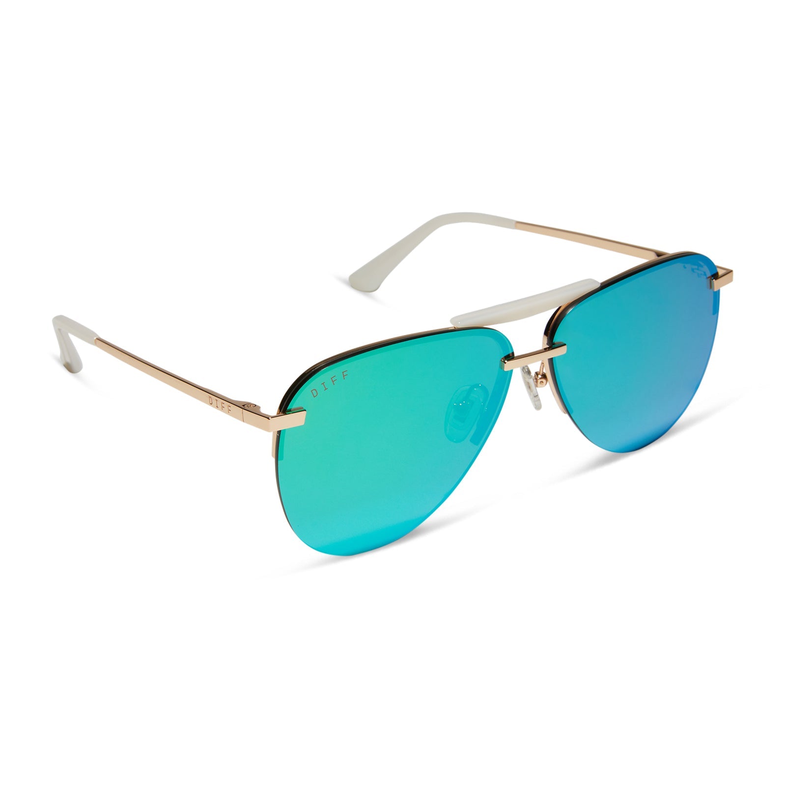 diff eyewear tahoe aviator oversized sunglasses with a gold metal frame and brilliant green mirror lenses angled view