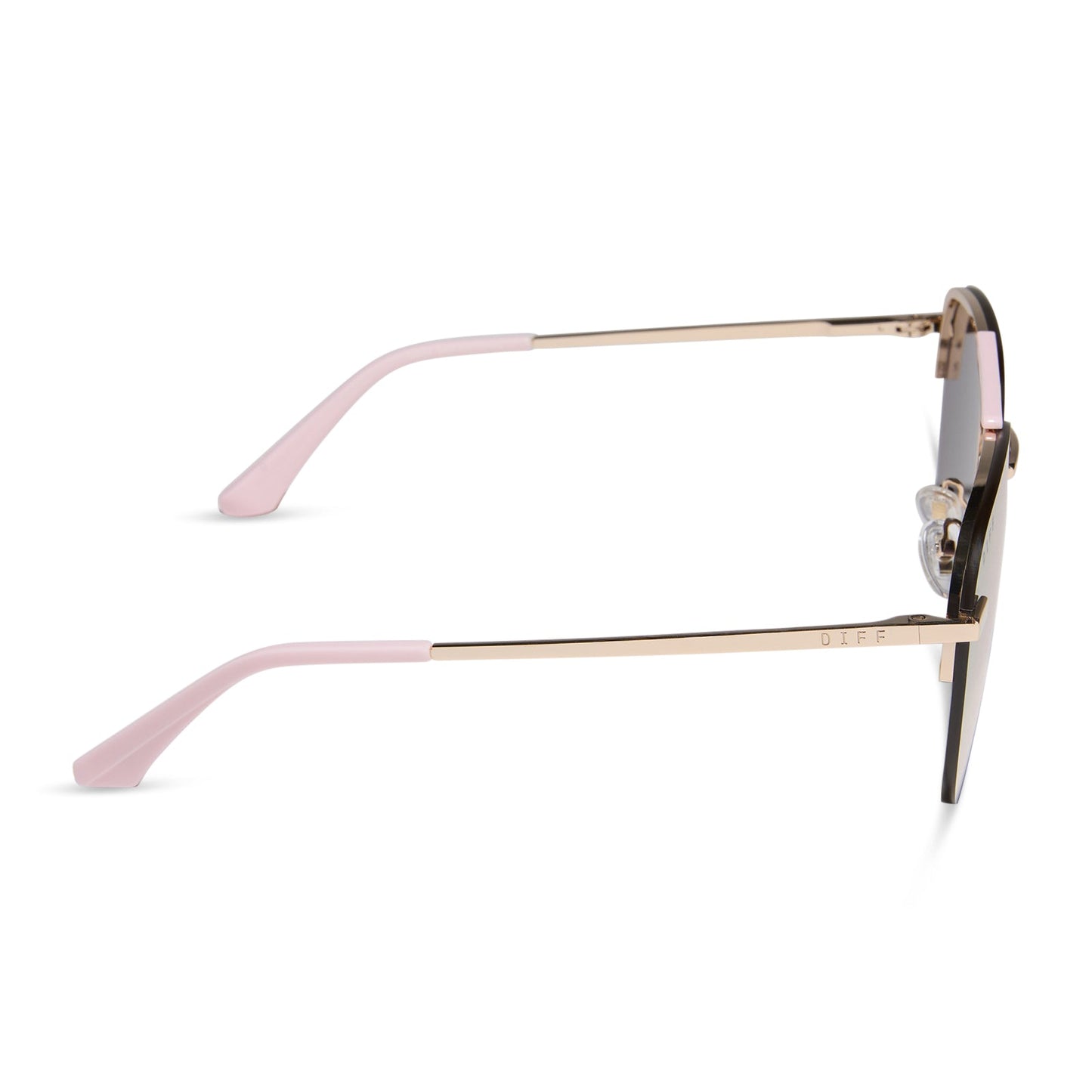 diff eyewear featuring the tahoe aviator sunglasses with a gold with powder pink brow bar & temple tips frame and taupe mirror lenses side view