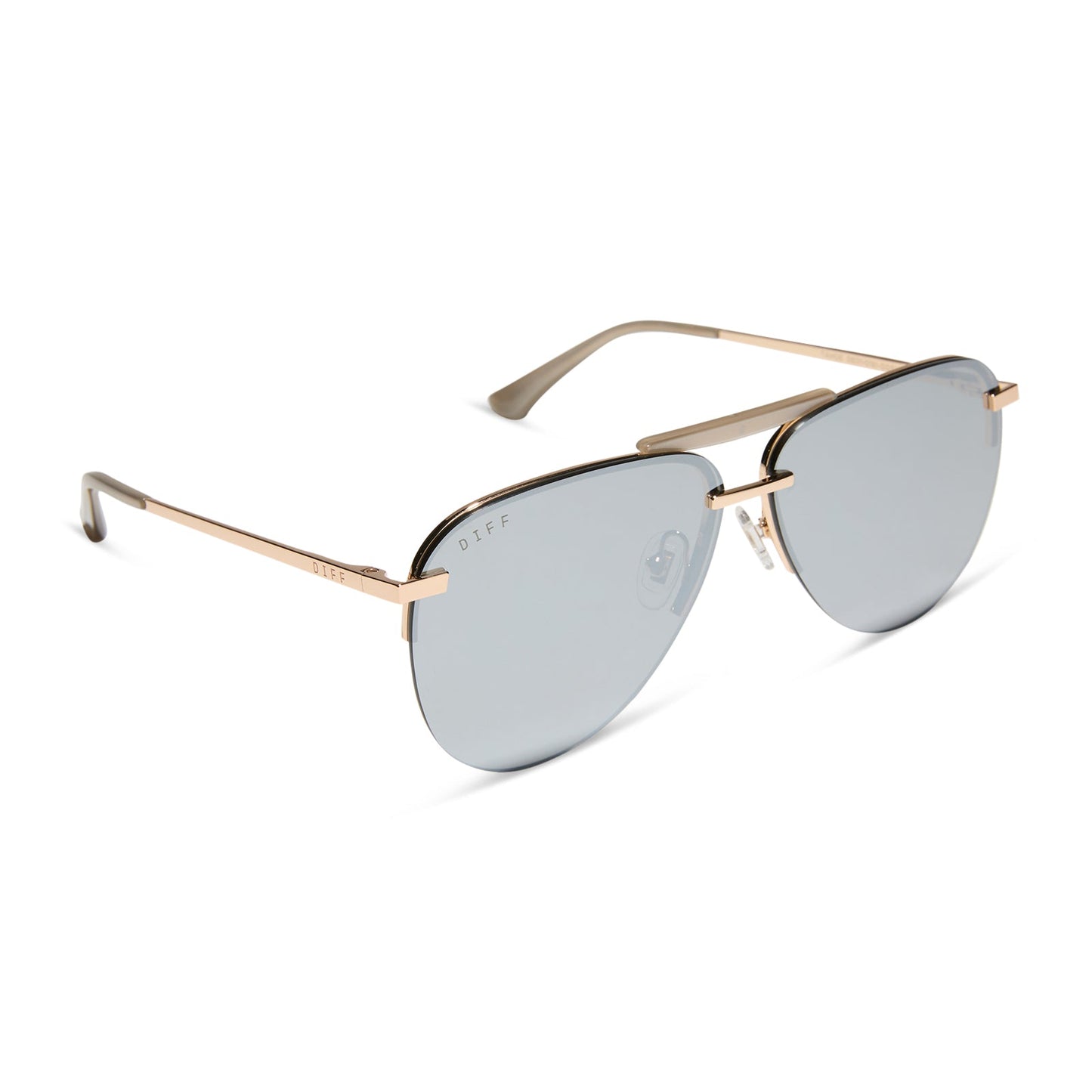 diff eyewear featuring the tahoe aviator sunglasses with a gold frame and silver chrome mirror lenses angled view