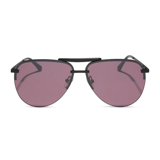 diff eyewear featuring the tahoe aviator sunglasses with a matte black + black temple tips frame and aubergine with silver flash lenses front view