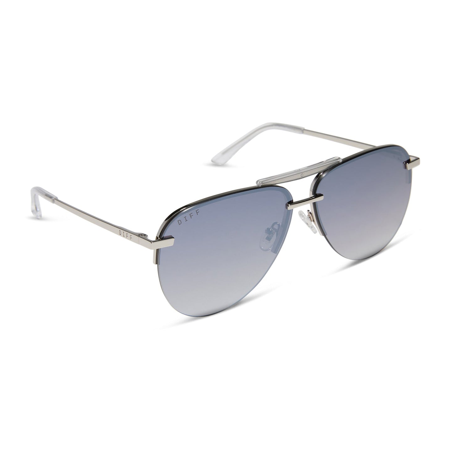 diff eyewear featuring the tahoe aviator sunglasses with a silver metal frame and slate blue gradient flash polarized lenses angled view