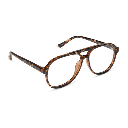 diff eyewear featuring the tatum aviator blue light readers with a espresso tortoise frame angled view