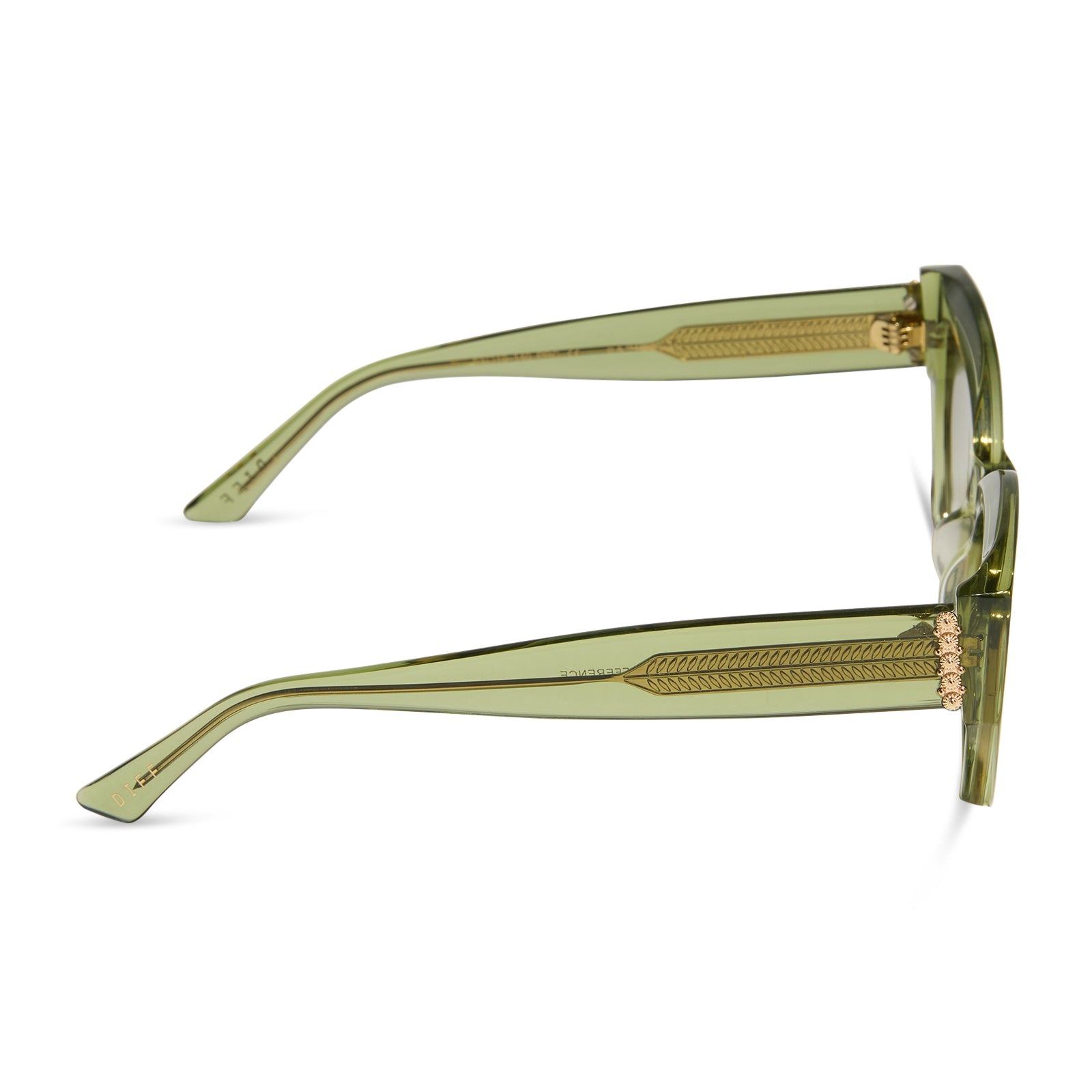 the white lotus x diff eyewear featuring the thailand cat eye sunglasses with a light green crystal frame and olive gradient lenses side view