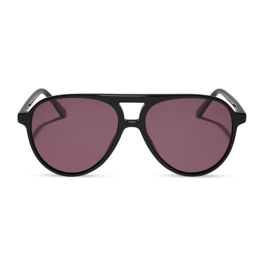 diff eyewear featuring the tosca ii aviator sunglasses with a black frame and aubergine purple red lenses front view