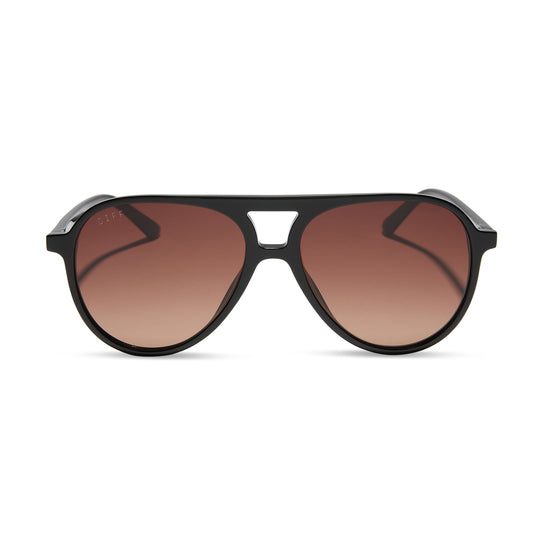 diff eyewear featuring the tosca ii aviator sunglasses with a black frame and brown gradient lenses front view