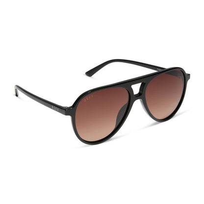 diff eyewear featuring the tosca ii aviator sunglasses with a black frame and brown gradient lenses angled view