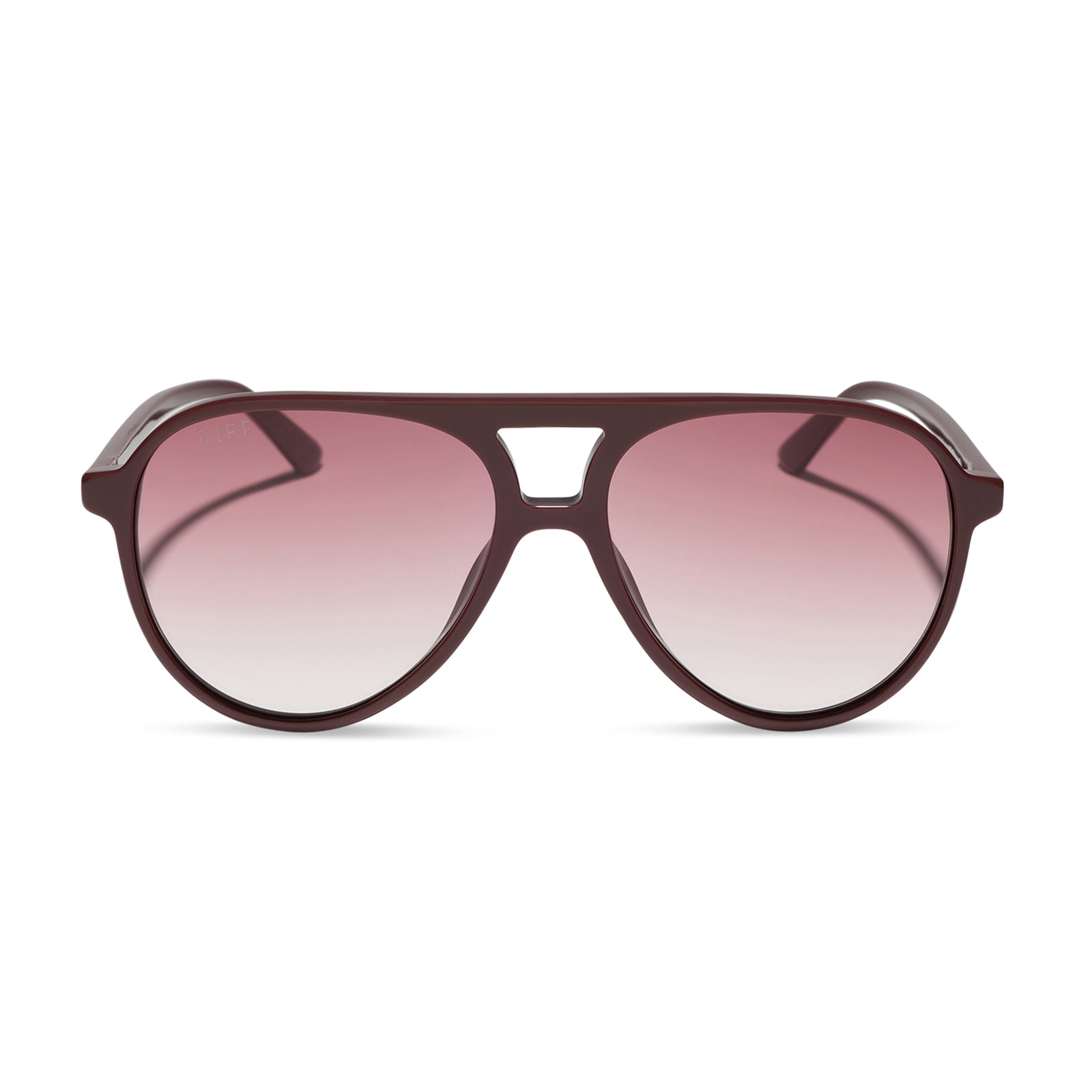 diff eyewear tosca ii aviator sunglasses with a rugby red acetate frame and burgundy gradient polarized lenses front view