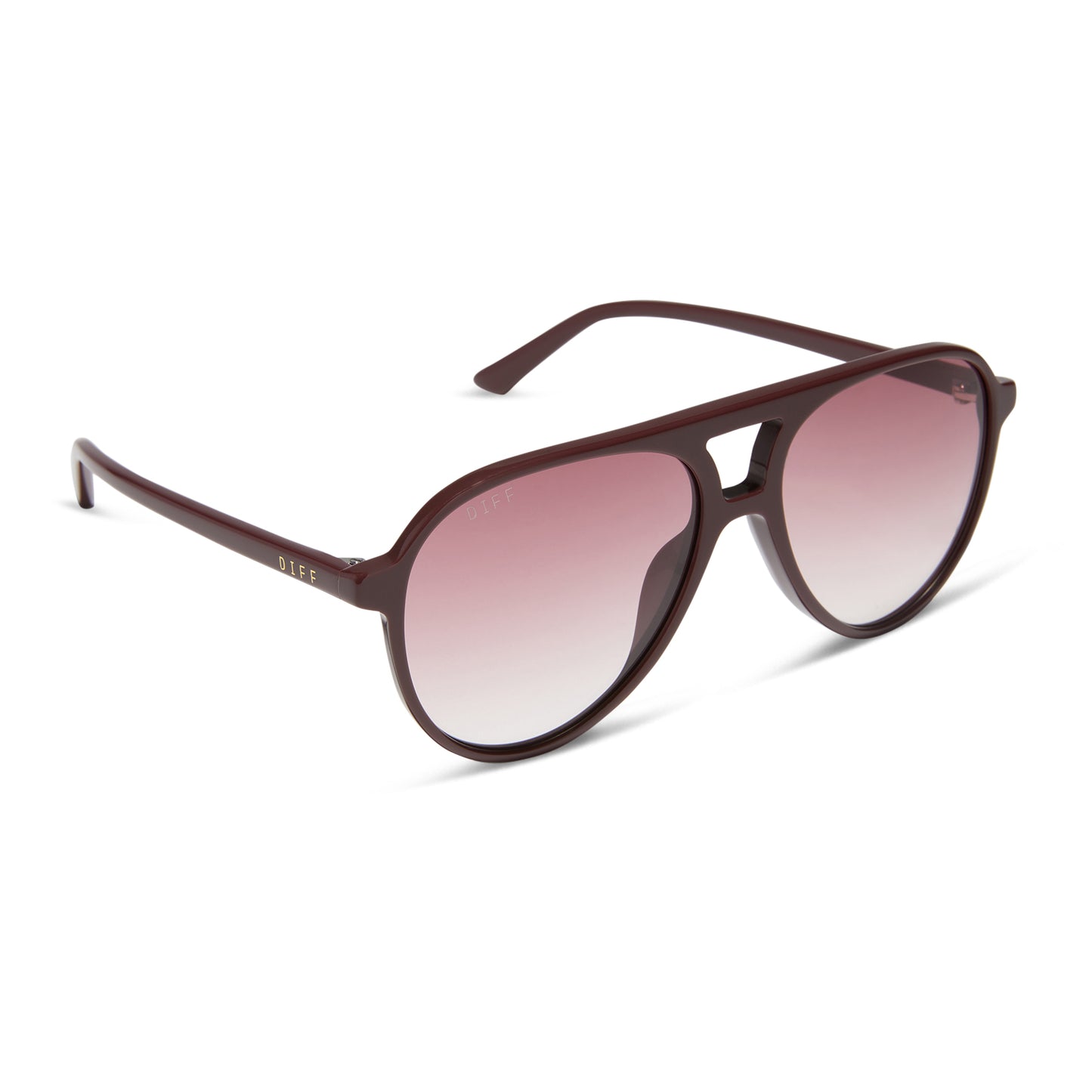 diff eyewear tosca ii aviator sunglasses with a rugby red acetate frame and burgundy gradient polarized lenses angled view