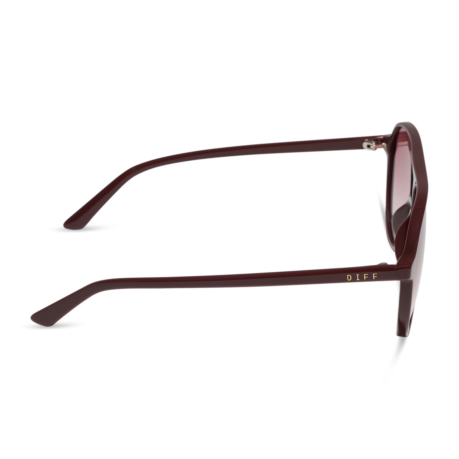 diff eyewear tosca ii aviator sunglasses with a rugby red acetate frame and burgundy gradient polarized lenses side view