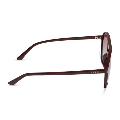 diff eyewear tosca ii aviator sunglasses with a rugby red acetate frame and burgundy gradient polarized lenses side view