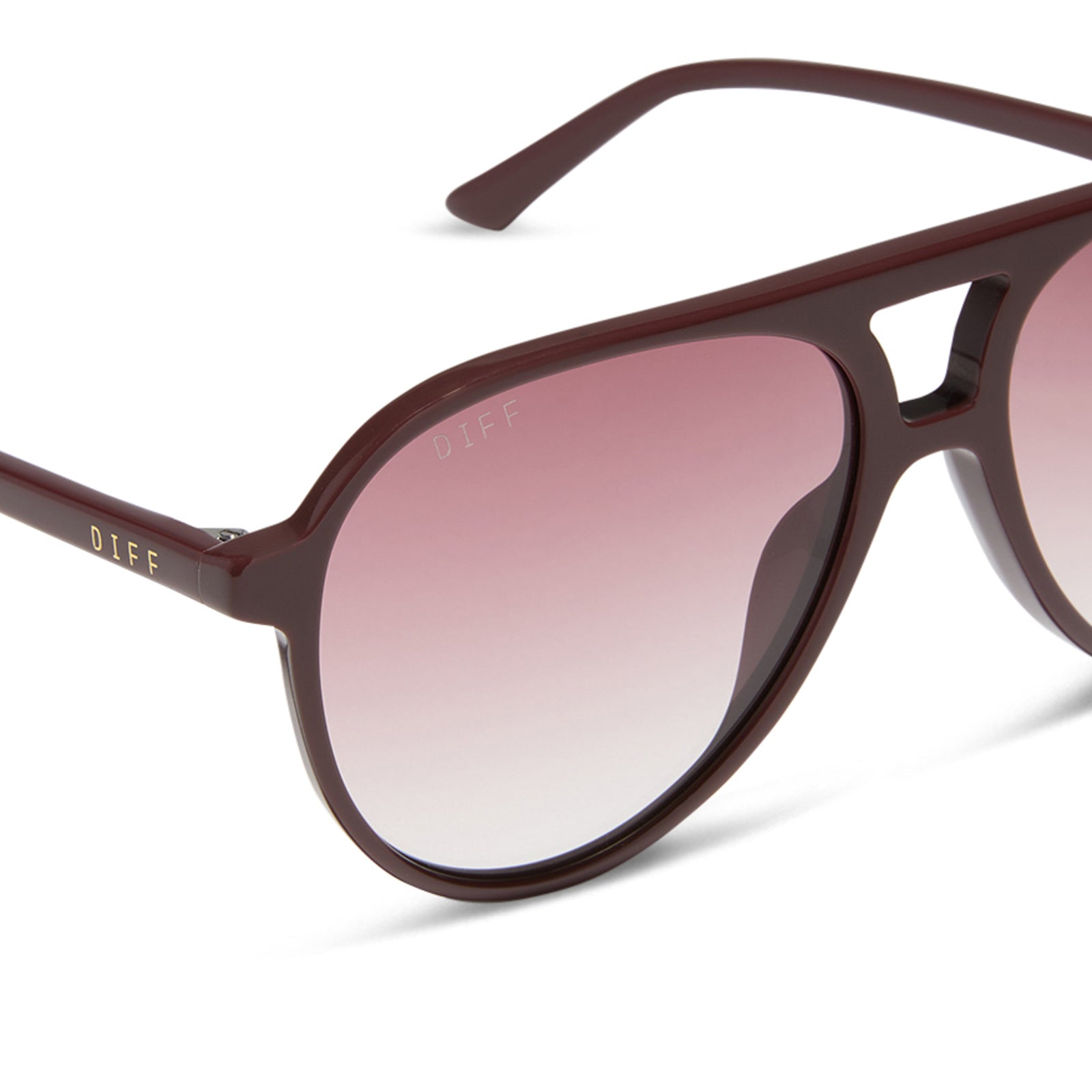 diff eyewear tosca ii aviator sunglasses with a rugby red acetate frame and burgundy gradient polarized lenses detailed view