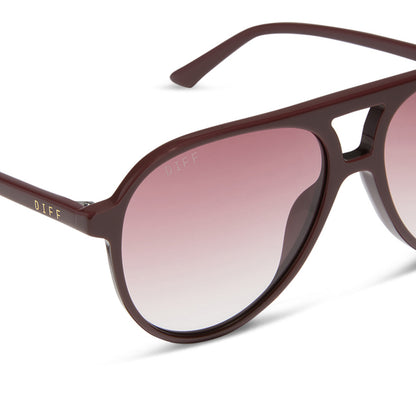 diff eyewear tosca ii aviator sunglasses with a rugby red acetate frame and burgundy gradient polarized lenses detailed view