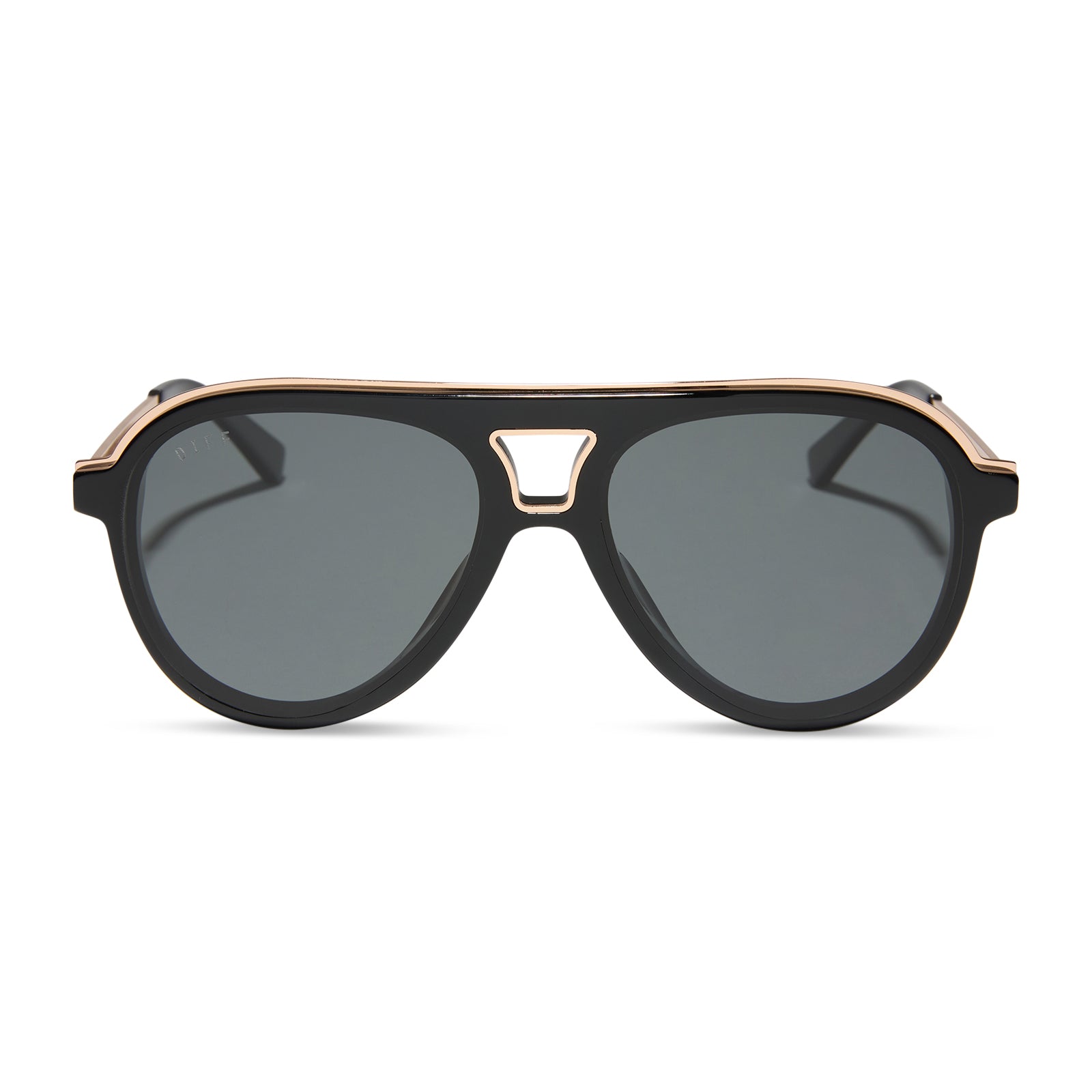 diff eyewear wholesale tosca iii aviator sunglasses with a black and gold trim frame and grey lenses front view