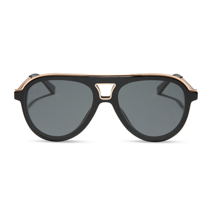 diff eyewear wholesale tosca iii aviator sunglasses with a black and gold trim frame and grey lenses front view