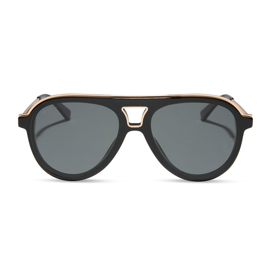 diff eyewear wholesale tosca iii aviator sunglasses with a black and gold trim frame and grey lenses front view