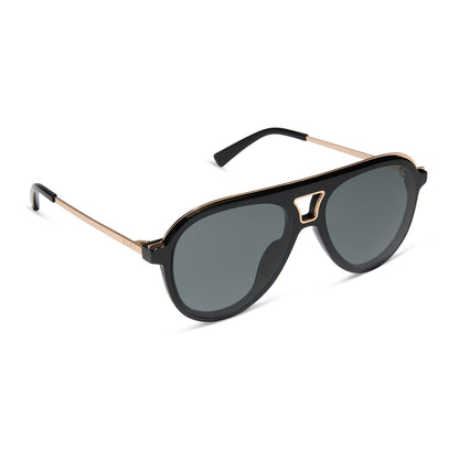 diff eyewear wholesale tosca iii aviator sunglasses with a black and gold trim frame and grey lenses angled view