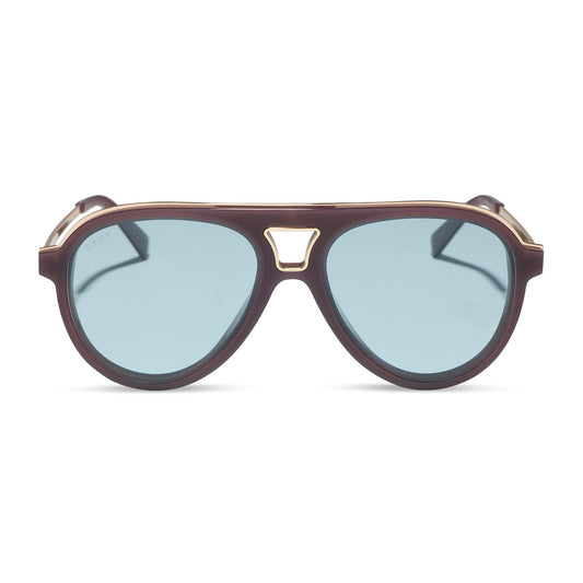 diff eyewear tosca iii oversized aviator sunglasses with a cocoa powder acetate frame and light blue tint lenses front view