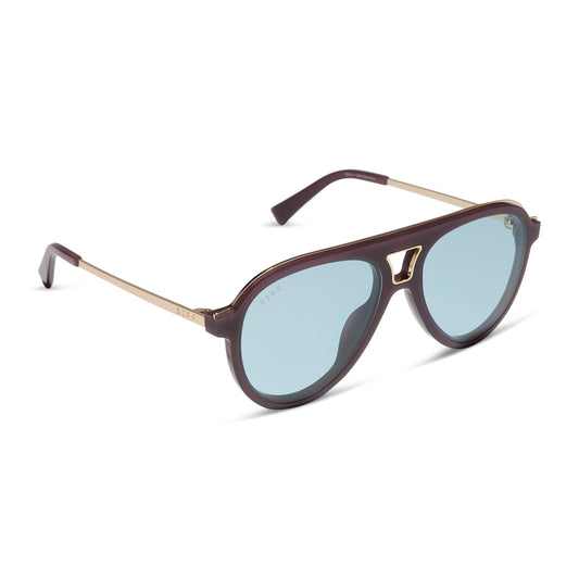 diff eyewear tosca iii oversized aviator sunglasses with a cocoa powder acetate frame and light blue tint lenses angled view