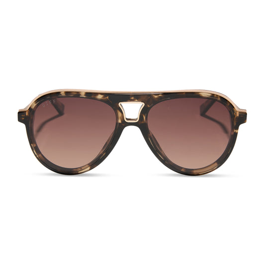diff eyewear wholesale tosca iii aviator sunglasses with a espresso tortois, gold trim frame and brown gradient lenses front view