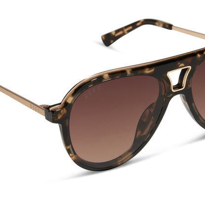 diff eyewear wholesale tosca iii aviator sunglasses with a espresso tortois, gold trim frame and brown gradient lenses detailed view