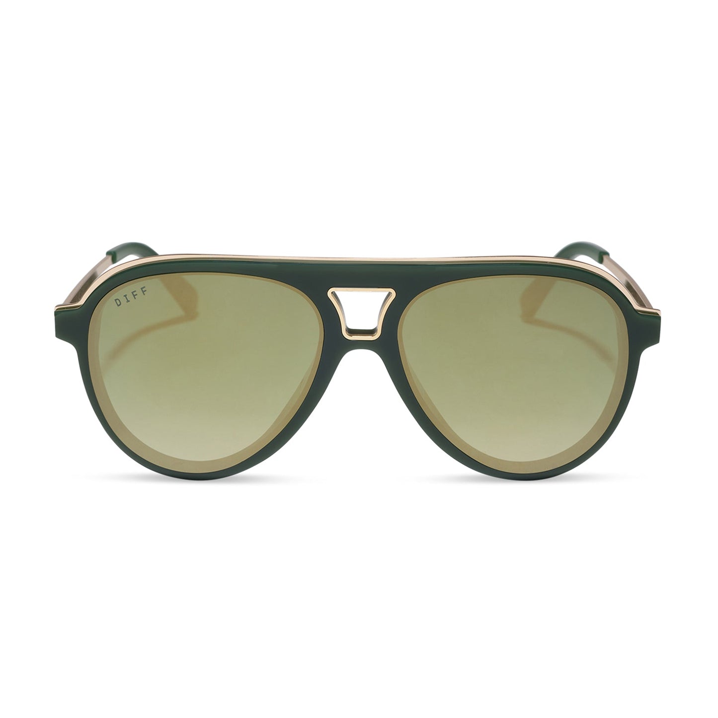 diff eyewear featuring the tosca iii aviator sunglasses with a fairway green acetate with gold accentsframe  and aloe green gradient w/ light gold flash lenses front view