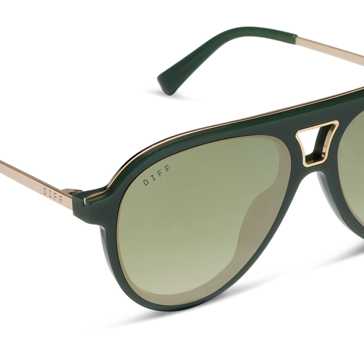 diff eyewear featuring the tosca iii aviator sunglasses with a fairway green acetate with gold accentsframe  and aloe green gradient w/ light gold flash lenses detailed view