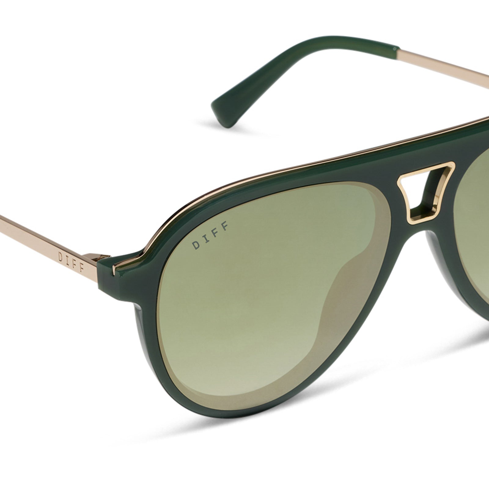 diff eyewear featuring the tosca iii aviator sunglasses with a fairway green acetate with gold accentsframe  and aloe green gradient w/ light gold flash lenses detailed view