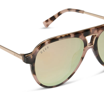 diff eyewear featuring the tosca iii aviator sunglasses with a himalayan brown tortoise frame and taupe mirror lenses detailed view