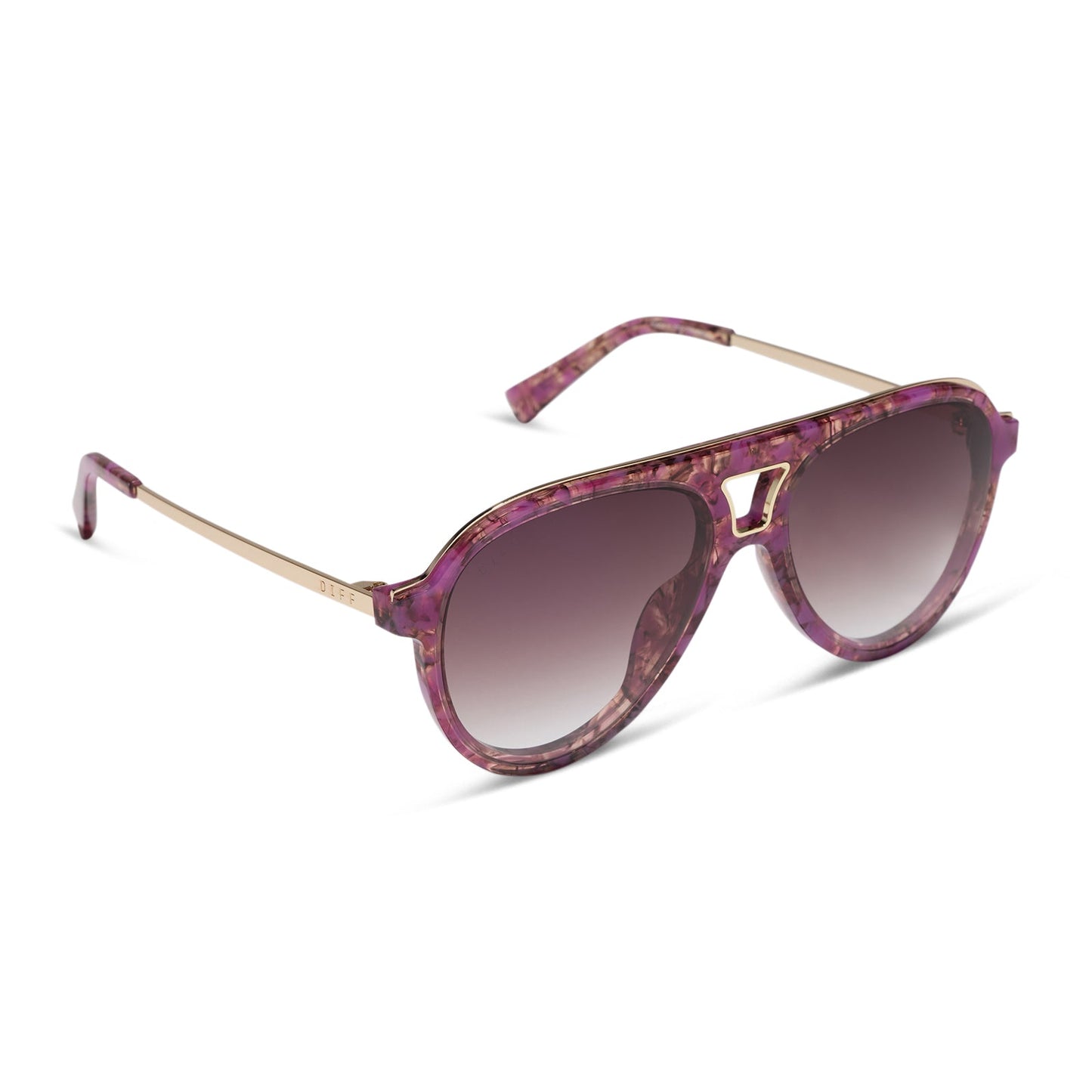 diff eyewear tosca iii oversized aviator sunglasses with a lavender haze purple tortoise acetate frame and brown gradient lenses angled view