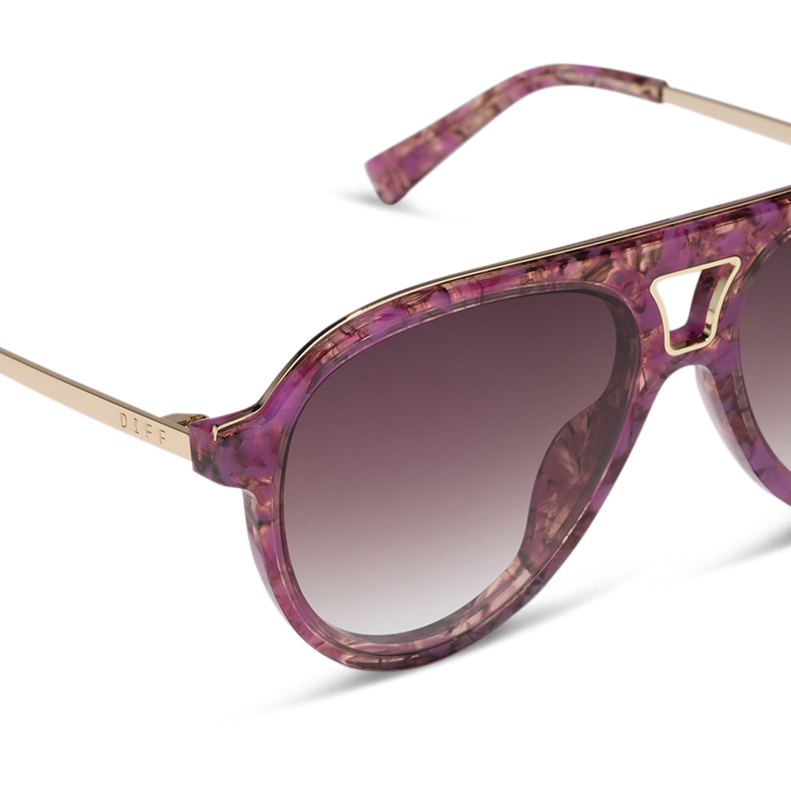 diff eyewear tosca iii oversized aviator sunglasses with a lavender haze purple tortoise acetate frame and brown gradient lenses detailed view