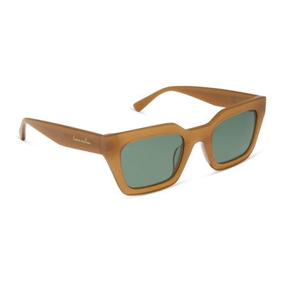 travis mathews x diff eyewear featuring the solana cat eye sunglasses with a caramel acetate frame and g15 polarized lenses angled view