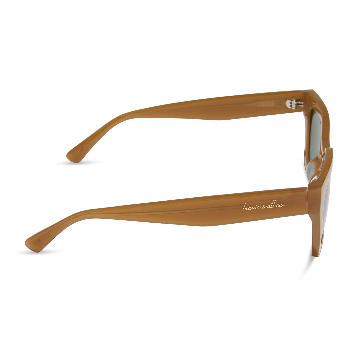 travis mathews x diff eyewear featuring the solana cat eye sunglasses with a caramel acetate frame and g15 polarized lenses side view