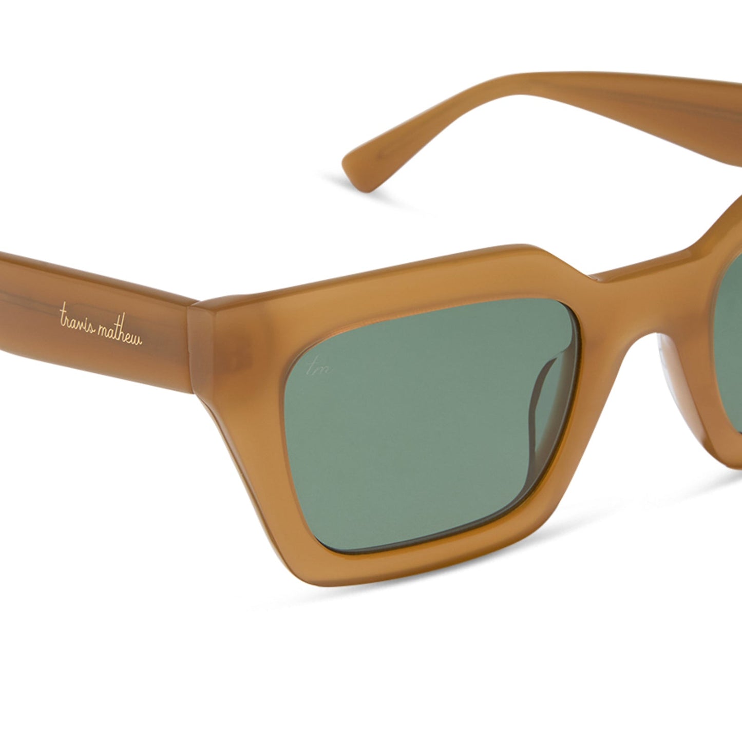 travis mathews x diff eyewear featuring the solana cat eye sunglasses with a caramel acetate frame and g15 polarized lenses detailed view