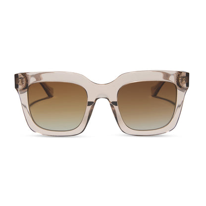 travis mathews x diff eyewear featuring the valencia square sunglasses with a soft taupe crystal acetate frame and brown gradient polarized lenses front view