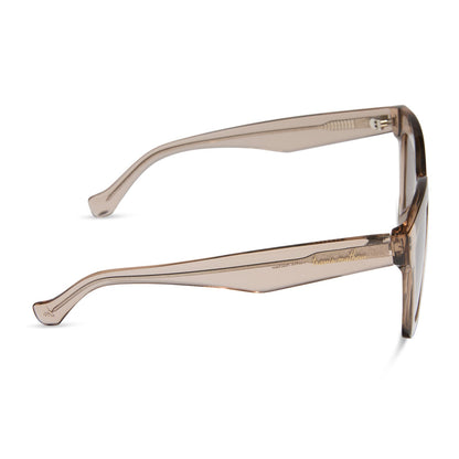 travis mathews x diff eyewear featuring the valencia square sunglasses with a soft taupe crystal acetate frame and brown gradient polarized lenses side view