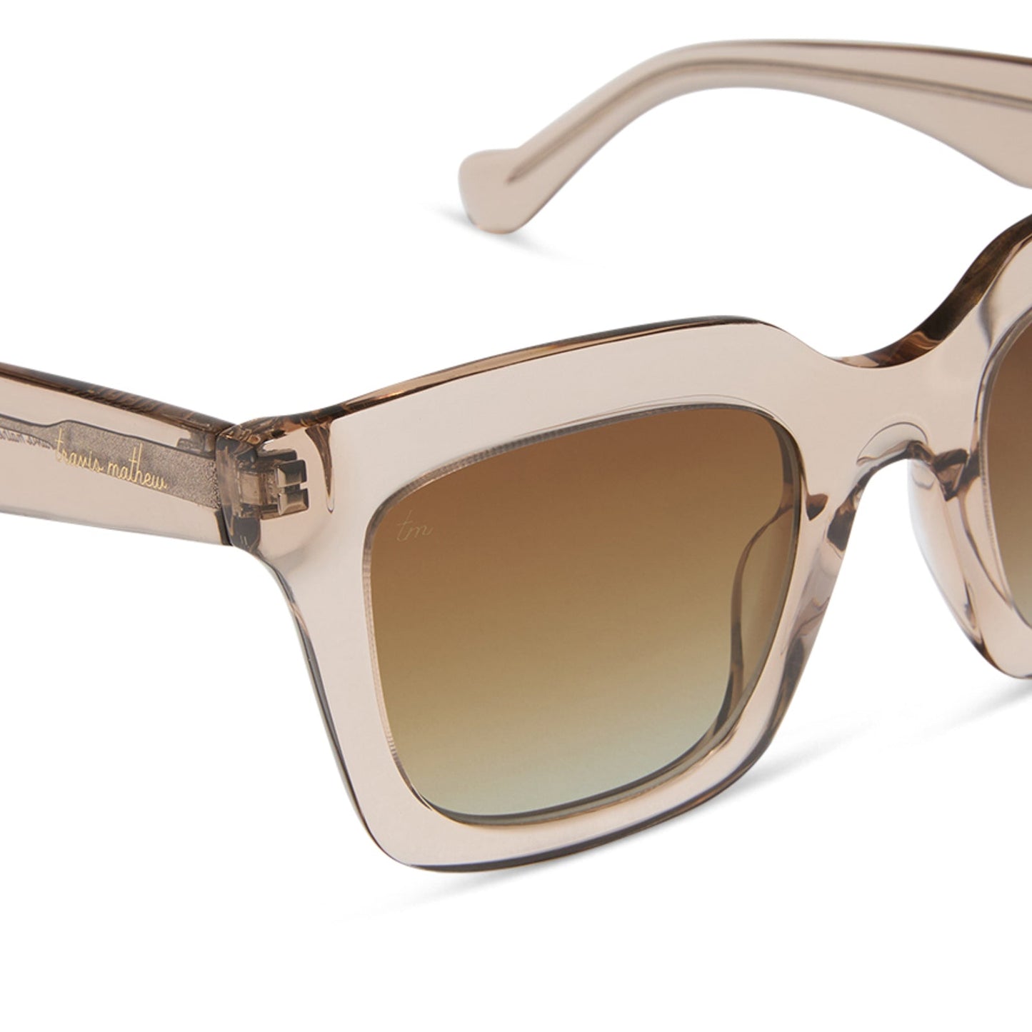 travis mathews x diff eyewear featuring the valencia square sunglasses with a soft taupe crystal acetate frame and brown gradient polarized lenses detailed view