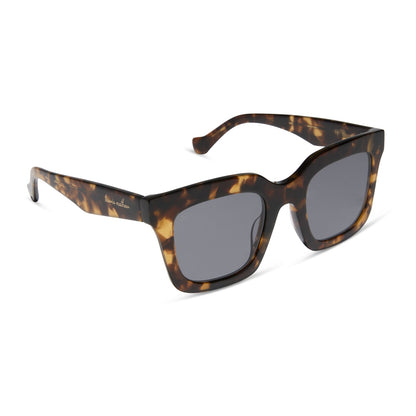 travis mathews x diff eyewear featuring the valencia square sunglasses with a tortoise acetate frame and grey polarized lenses angled view