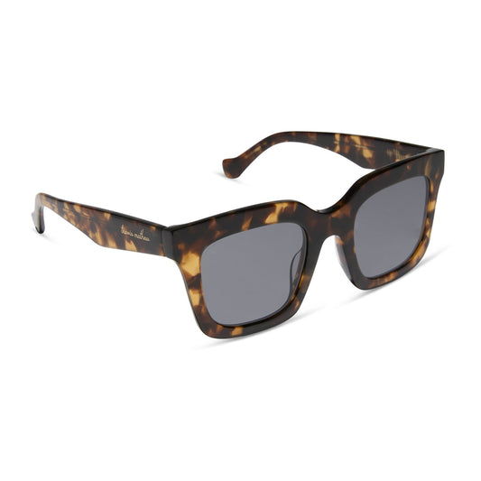 travis mathews x diff eyewear featuring the valencia square sunglasses with a tortoise acetate frame and grey polarized lenses angled view
