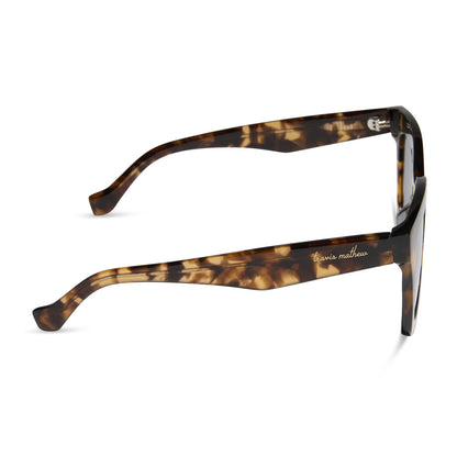 travis mathews x diff eyewear featuring the valencia square sunglasses with a tortoise acetate frame and grey polarized lenses side view