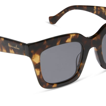 travis mathews x diff eyewear featuring the valencia square sunglasses with a tortoise acetate frame and grey polarized lenses detailed view