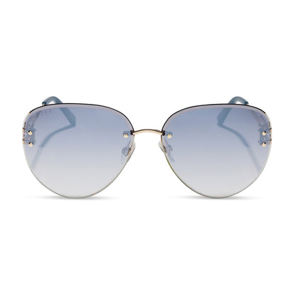 diff eyewear featuring the trista aviator sunglasses with a gold frame and slate blue gradient flash lenses front view