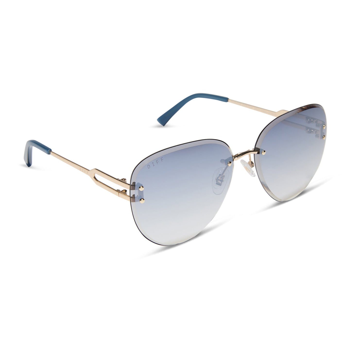diff eyewear featuring the trista aviator sunglasses with a gold frame and slate blue gradient flash lenses angled view