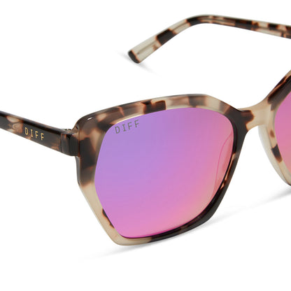 diff eyewear vera square oversized sunglasses with a cream tortoise acetate frame and pink rush mirror lenses detailed view